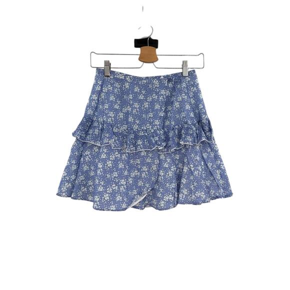 kisuii Dresses & Skirts - Kisuii Floral Ruffle Mini Skirt Blue Silk Blend Tiered Womens XS‎ Boho